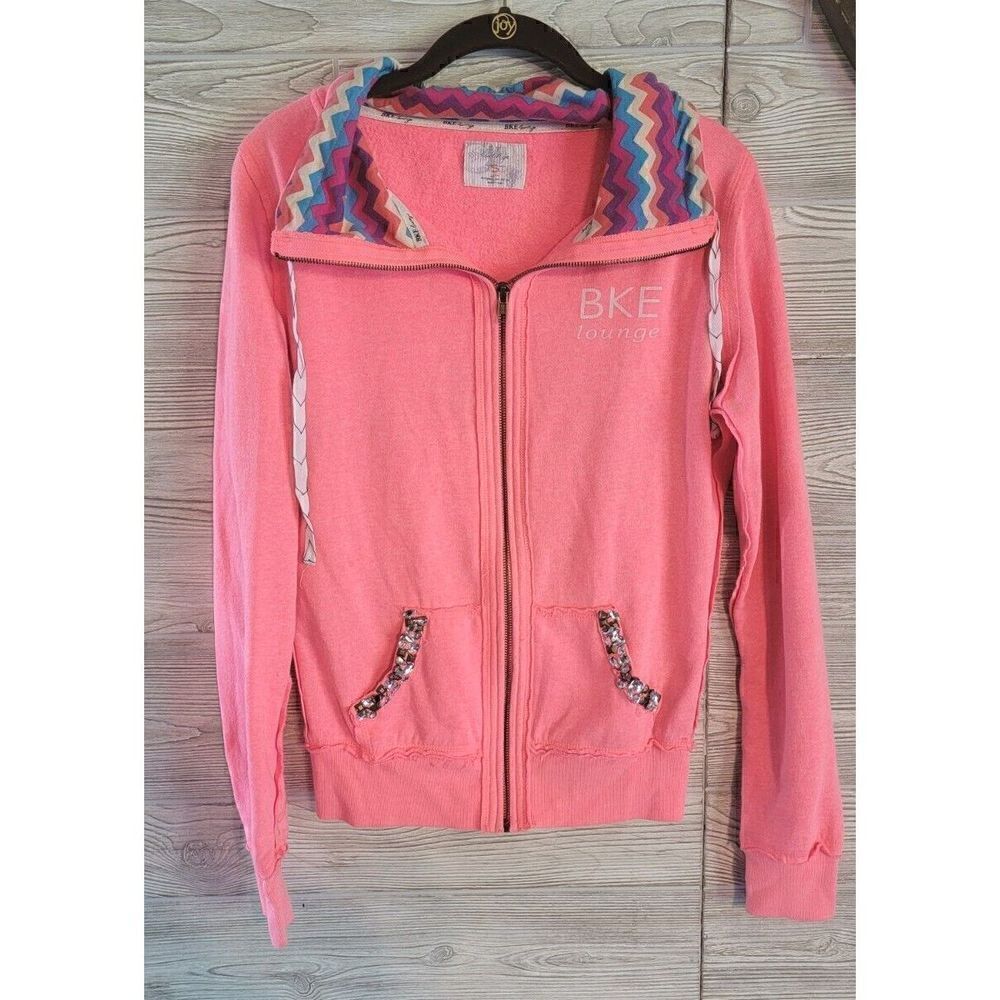BKE Lounge Bling Neon Pink Zip Up SZ S Buckle Embellishment Crowl Preppy Chevron